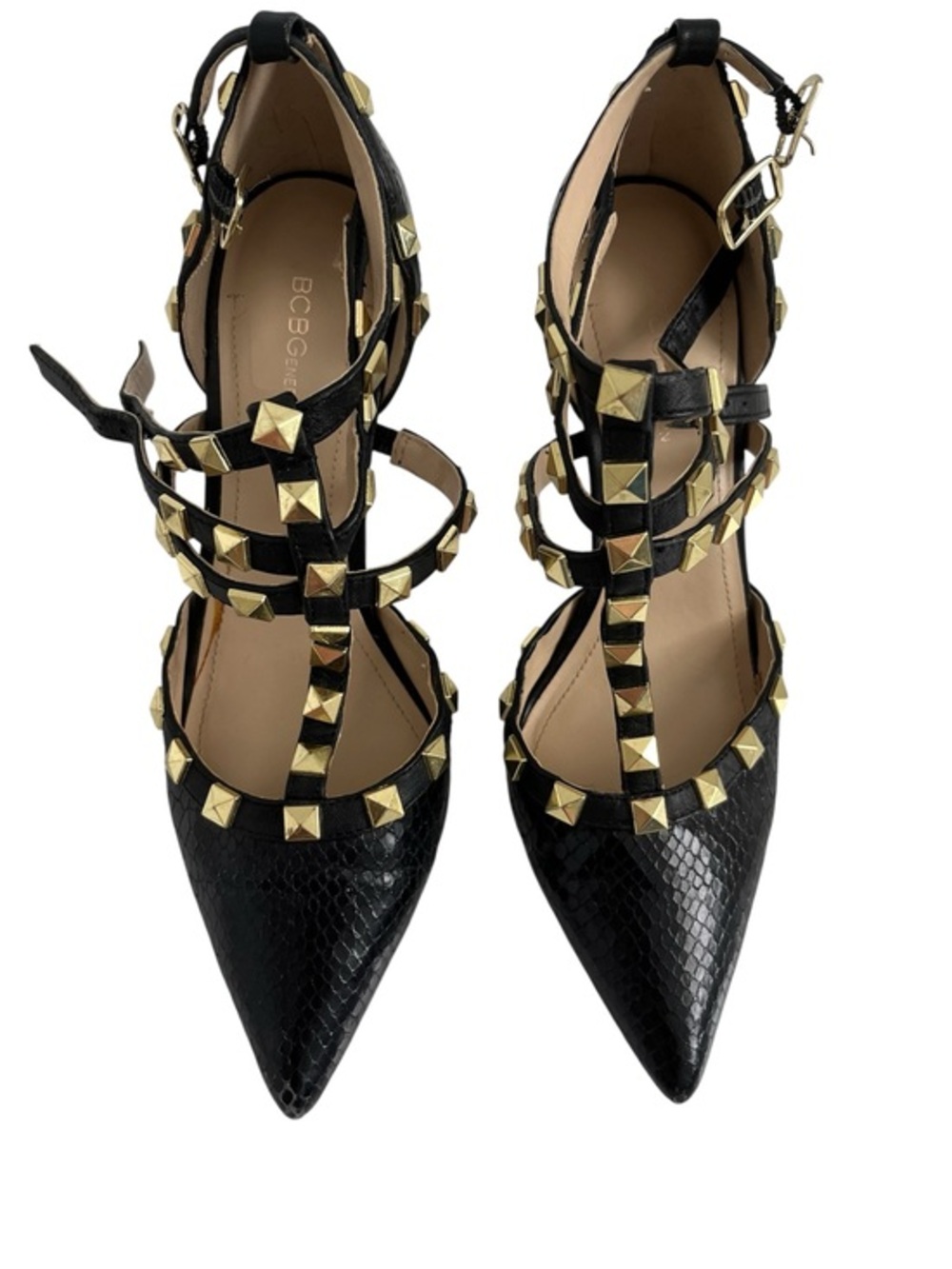 BCBG Black Pointed-Toe Strappy Heels with Gold Studs